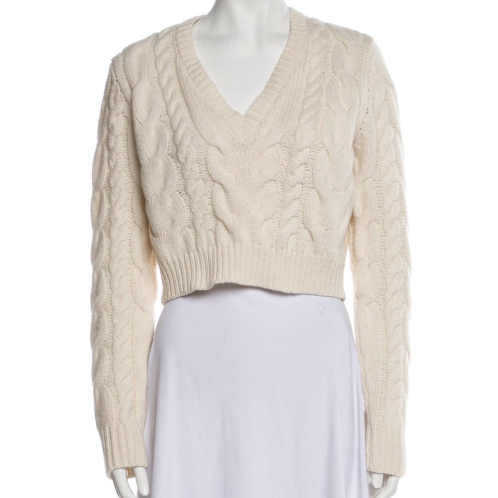 FRAME Wool Cable Knit V-Neck Cropped Sweater